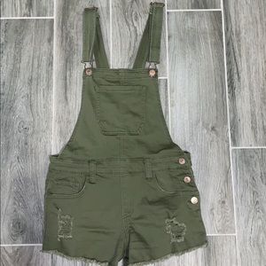 Olive Green Denim Overall Shorts